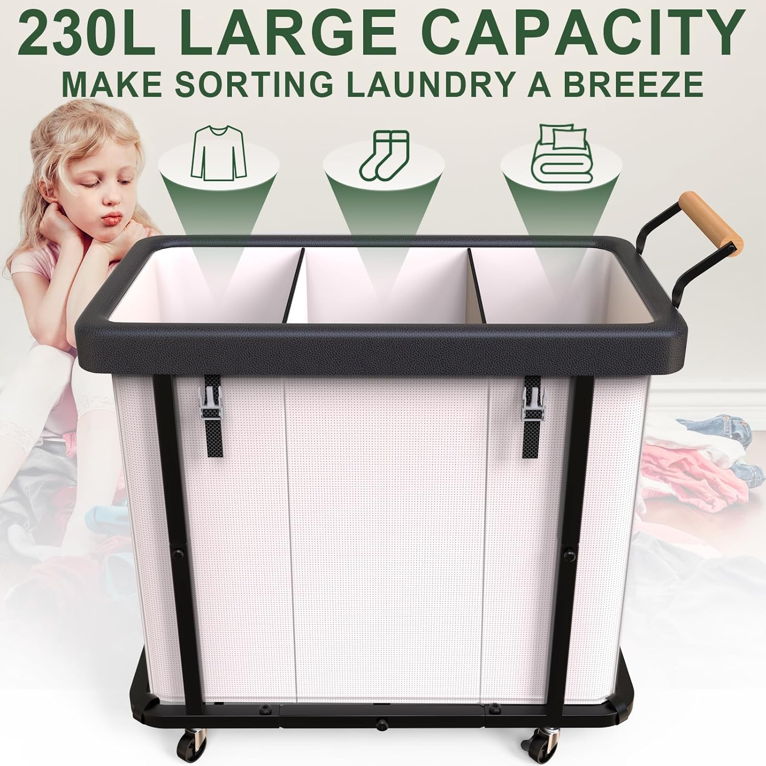 Laundry Hamper 3 Section,230L Rolling Dirty Clothes Hamper White | Laundry Basket with Wheels & Lid,Laundry Organizer