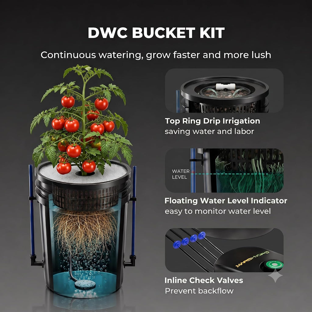 DWC 4‑Bucket Hydroponic System with Pump & Drip | 5 Gallon Capacity, 11W Air Pump, Air Stone & Hose, Recirculating