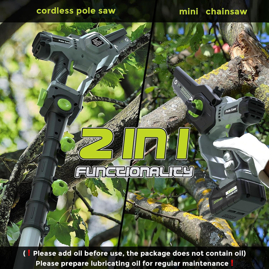 2-in-1 Cordless Pole Saw (2025 Upgraded), 7 Inch Brushless Mini Chainsaw with Extension Pole, Pole Saws for Tree