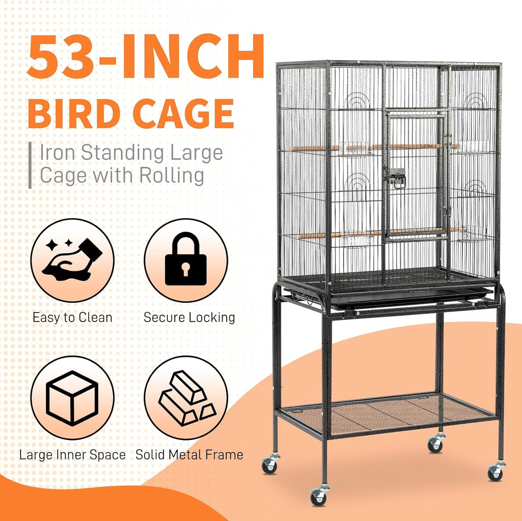 53-inch Bird Cage with Wheels, Durable Wrought Iron Parakeet Cage with Slide Out Tray, Black Bird Cages for