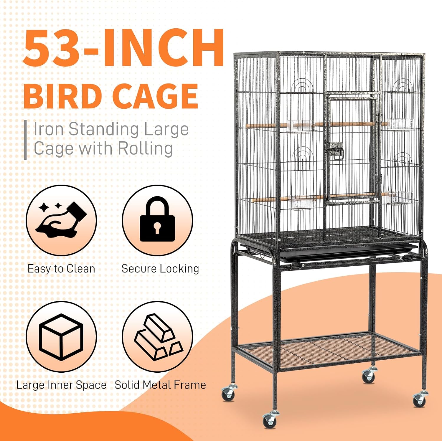53-inch Bird Cage with Wheels, Durable Wrought Iron Parakeet Cage with Slide Out Tray, Black Bird Cages for
