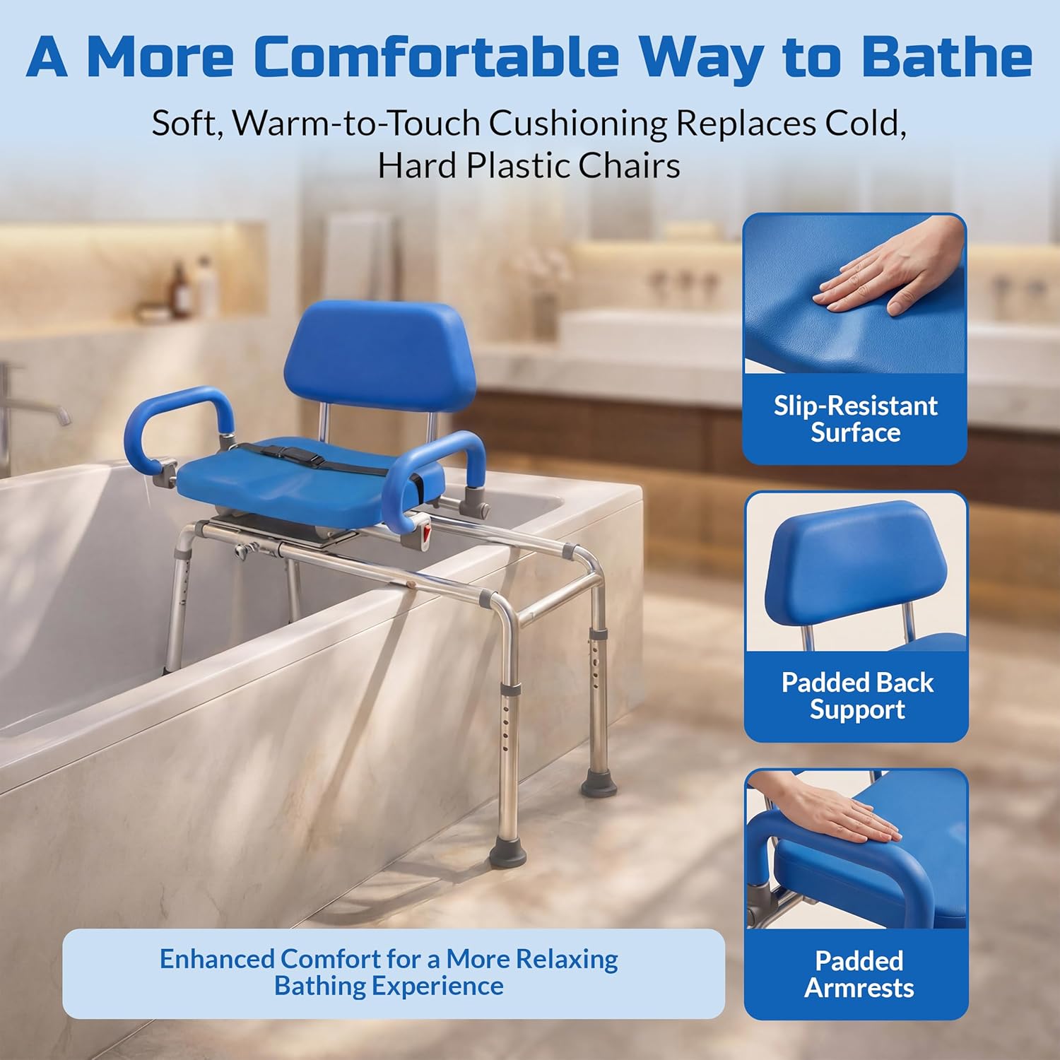 Carousel Sliding Shower Chair Tub Transfer Bench with Swivel Seat, Premium Padded, Pivoting Arms, Adjustable Space