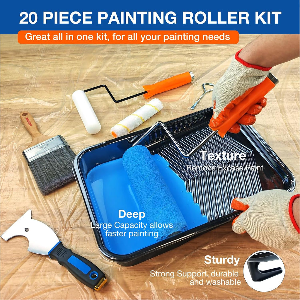 King Origin 20 Piece Paint Roller Kit, Paint Roller Covers 9-inch & 6-inch, Paint Brush, Paint Tray Liners &