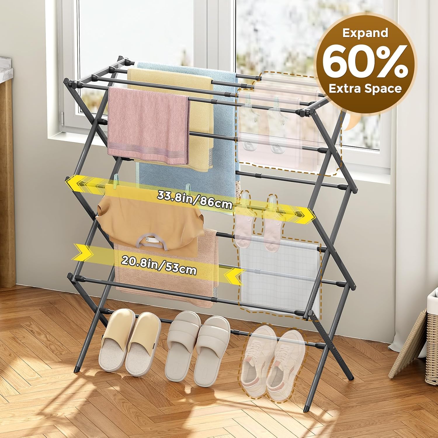 3-Tier Extendable Clothes Drying Rack, Small & Foldable, Grey | 37.4"H x 33.8"W x 11.2"D, Space-Saving Collapsible
