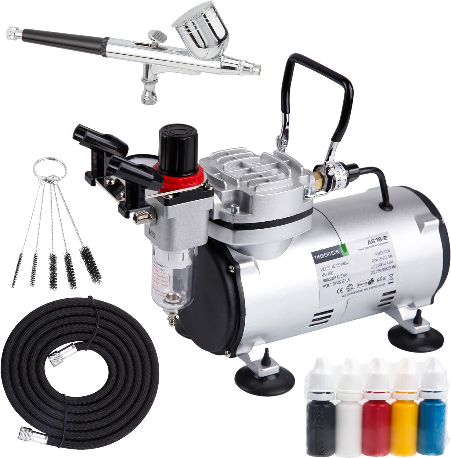 Airbrush Kit With Compressor AS18-2K Basic Start Kit With Air Hose, Cleaning Brushes, and Test Paints for Hobby, Body
