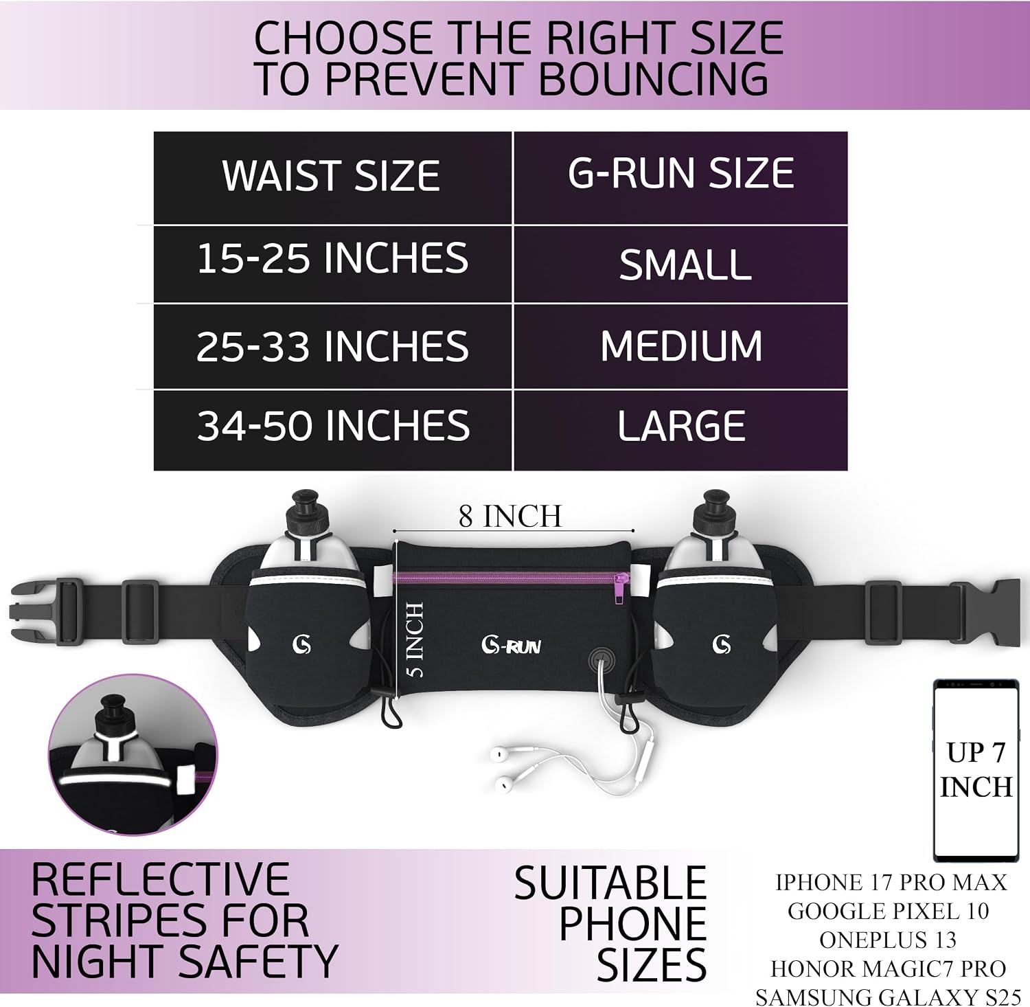 Hydration Running Belt with Bottles - Water Belts for Woman and Men - iPhone Belt for Any Phone Size - Fuel Marathon