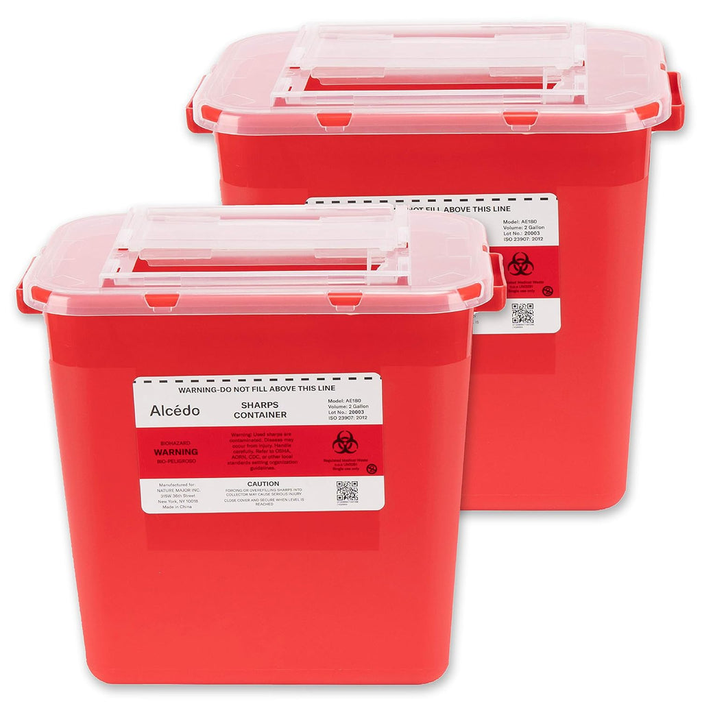 Large Sharps Container 2 Gallon (2-Pack) Home & Professional Use | Biohazard Needle and Syringe Disposal, Built-In