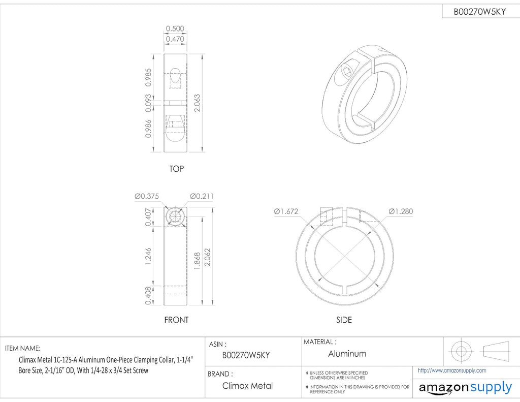 1C-125-A Aluminum One-Piece Clamping Collar, 1-1/4" Bore Size, 2-1/16" OD, With 1/4-28 x 3/4 Set Screw