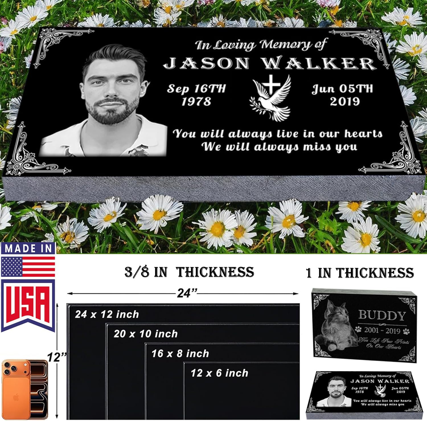 Grave Markers for Cemetery for Humans with Photo, 12x6 Tombstones for Graves Stone Temporary Headstones for Graves