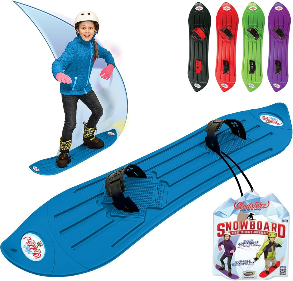 The Original Geospace Sledsterz Kids Beginner Snowboard for Winter Fun on Snow, with Adjustable Step-in Bindings; for