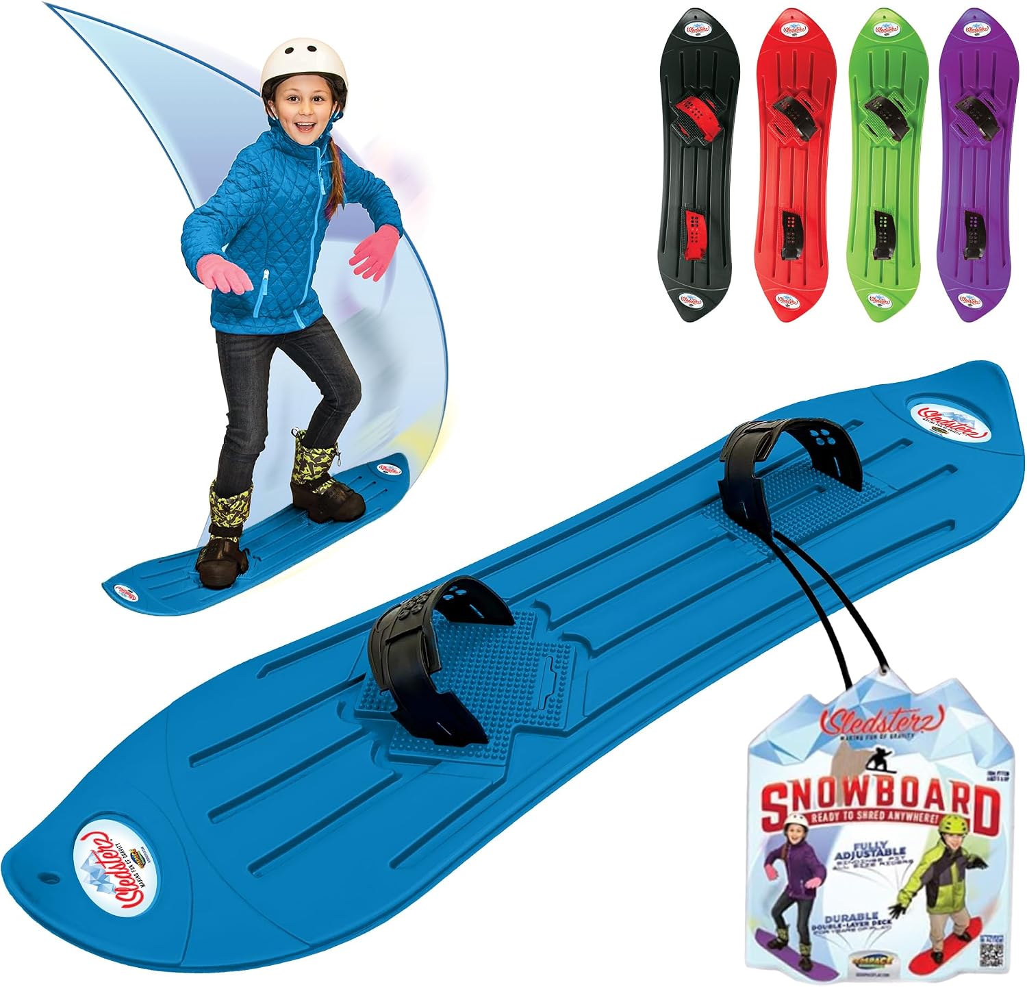 The Original Geospace Sledsterz Kids Beginner Snowboard for Winter Fun on Snow, with Adjustable Step-in Bindings; for