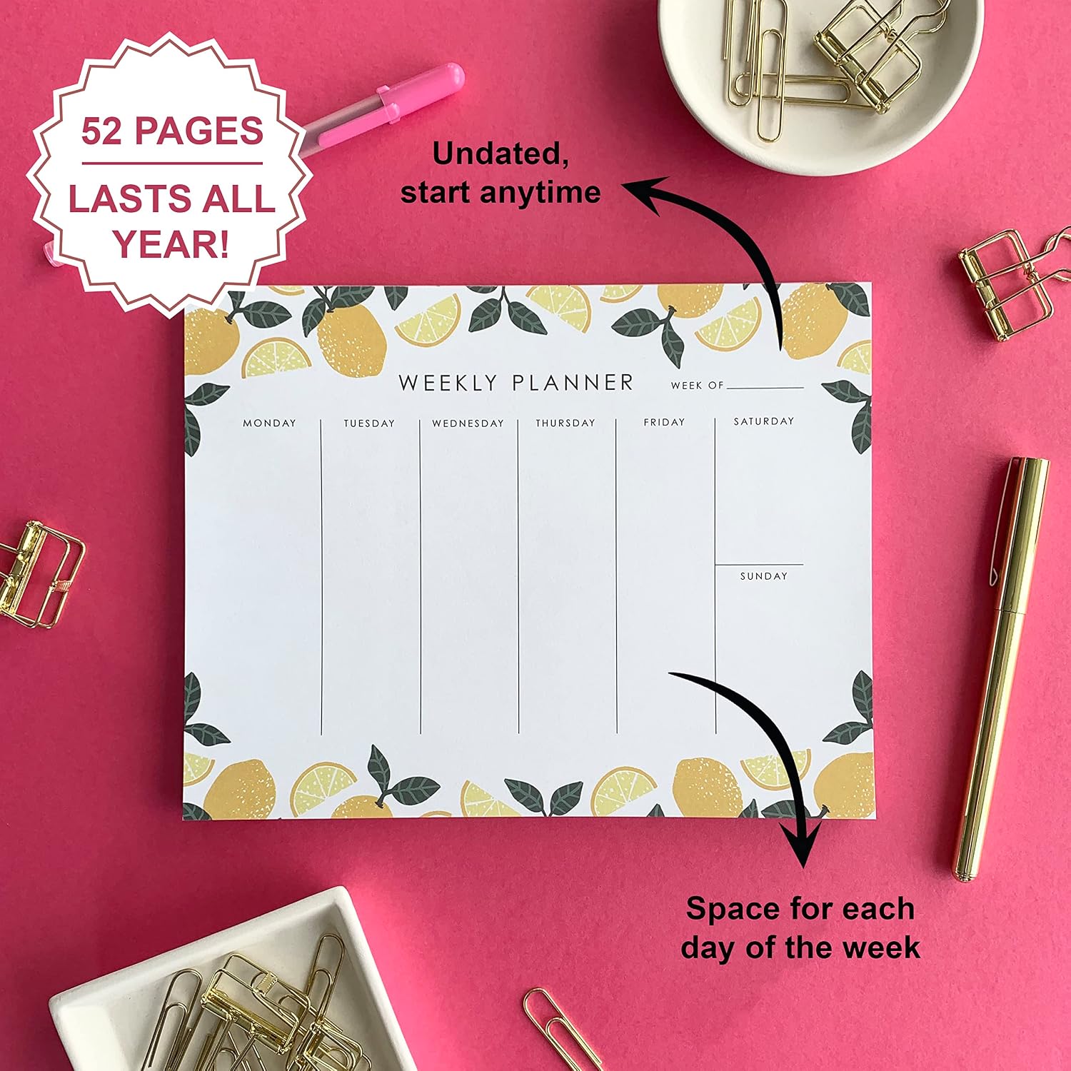 Weekly Planner Notepad - 9x7” inches, 52 tear off sheets - Undated Desk Planner Pad Calendar Notepad Organizer for