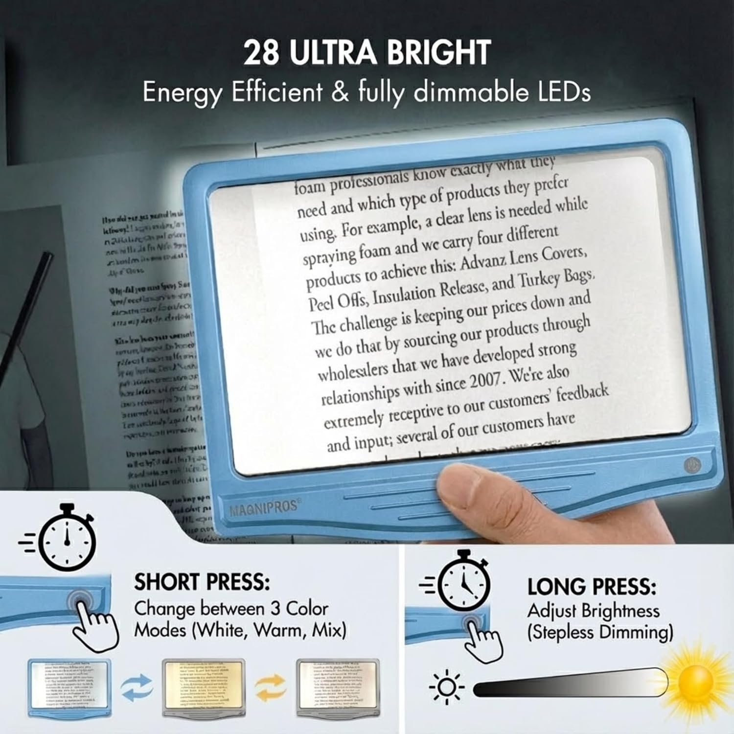 5X Rechargeable Large Ultra Bright LED Page Magnifier with Anti-Glare Lens & 3 Color Light Modes, Relieve Eye Strain