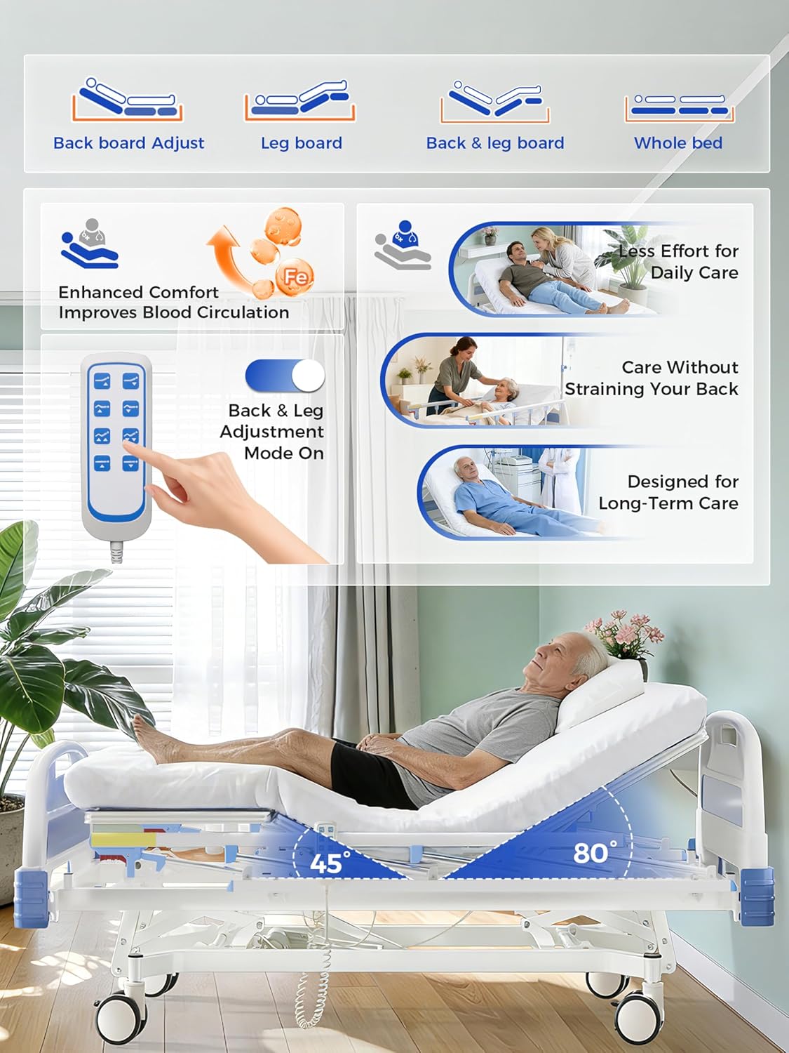 3 Function 600LBS Full Electric Hospital Bed, Beds for Home Use, Medical Bed for Seniors with Mattress, Adjustable