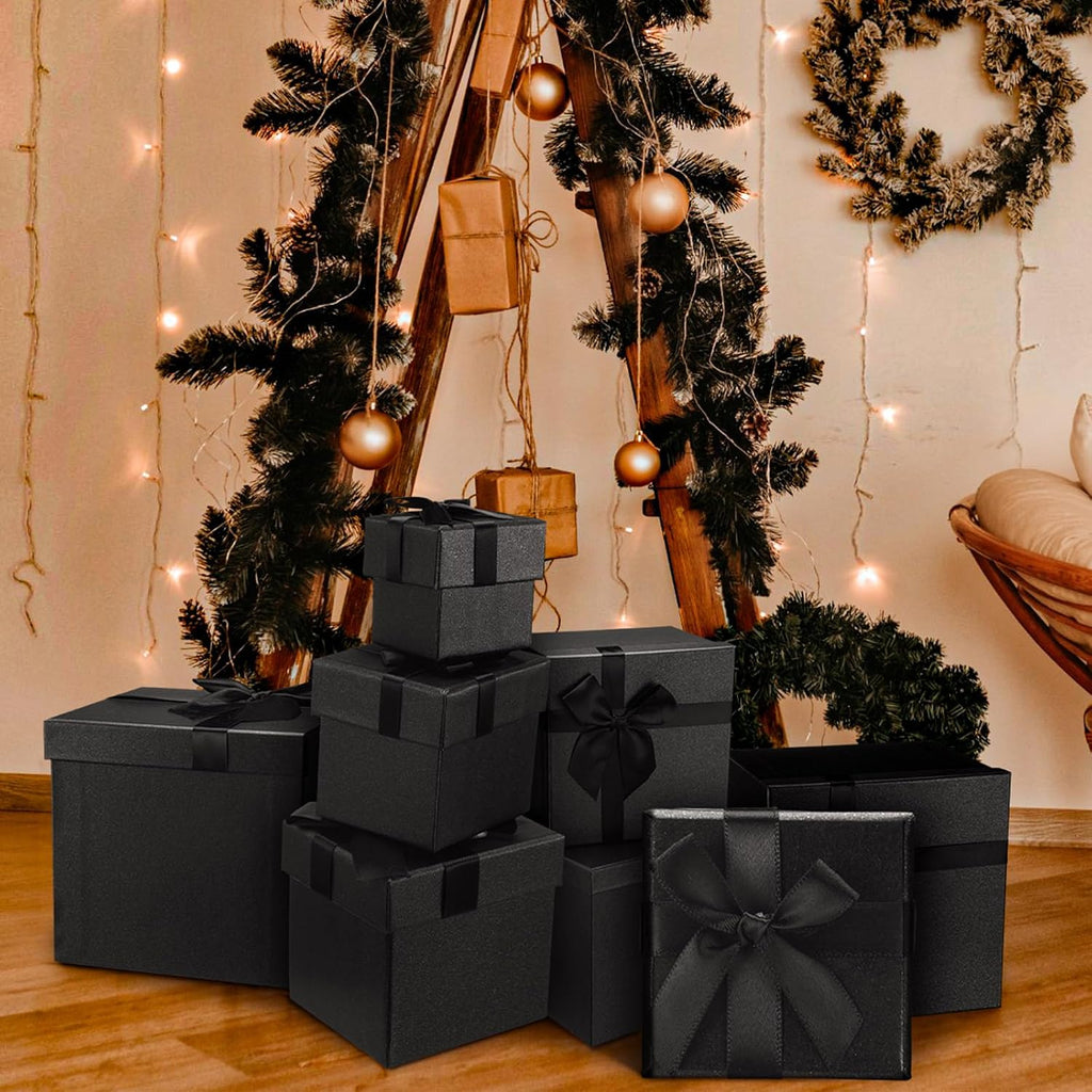 10 Pcs Xmas Gift Box with Lid Bow,Black,10 Size