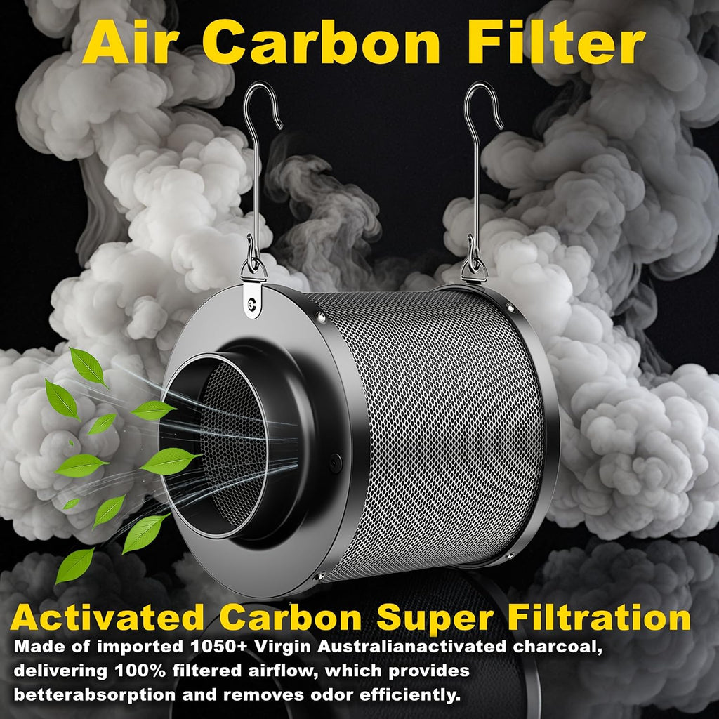 Air Filtration Kit, 4" 190 CFM Inline Duct Fan with Speed Controller, 12" High Carbon Filter, 8 Ft Ducting & Rubber