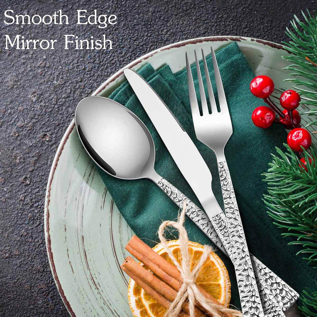 60-Piece Silverware Set, Hammered Stainless Steel Square Flatware Cutlery Set for 12, Tableware Set Eating Utensils