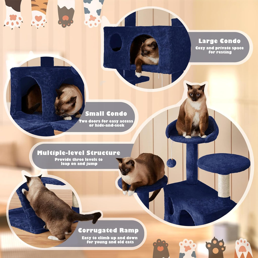 54in Cat Tree Tower, 2 Caves, Kitten-Ear Perch & Scratching Posts