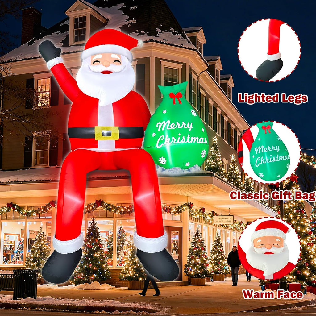 8FT Santa Claus Sitting on The Roof Christmas Inflatable Decoration with Gift Bag & Built-in LEDs, Giant Blow Up