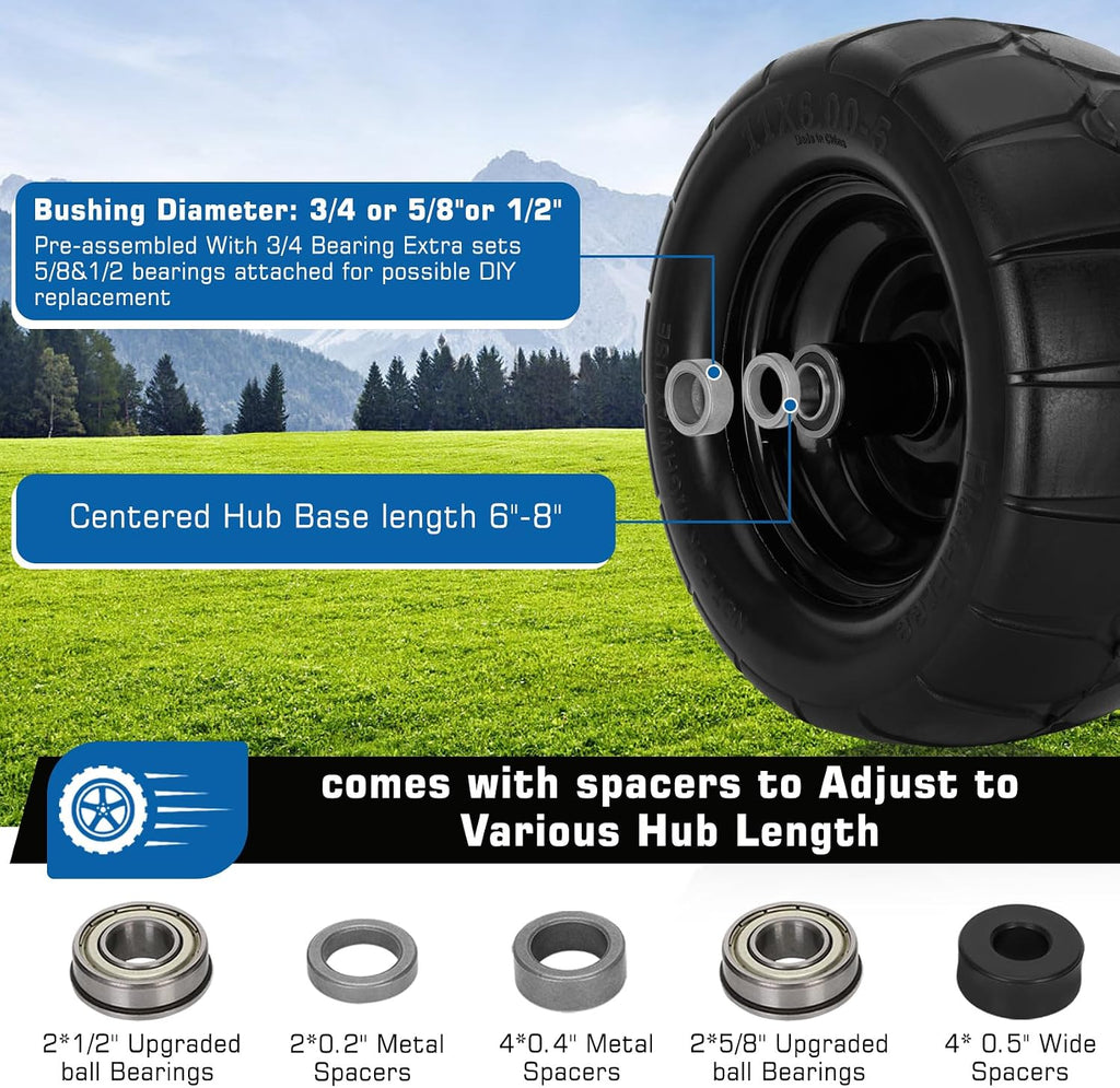 11x6.00-5 Flat Free Lawn Mower Tires | 2 Pack 11x6.00-5 Tires for Zero Turn Mower With 3/4 & 5/8" or 1/2”
