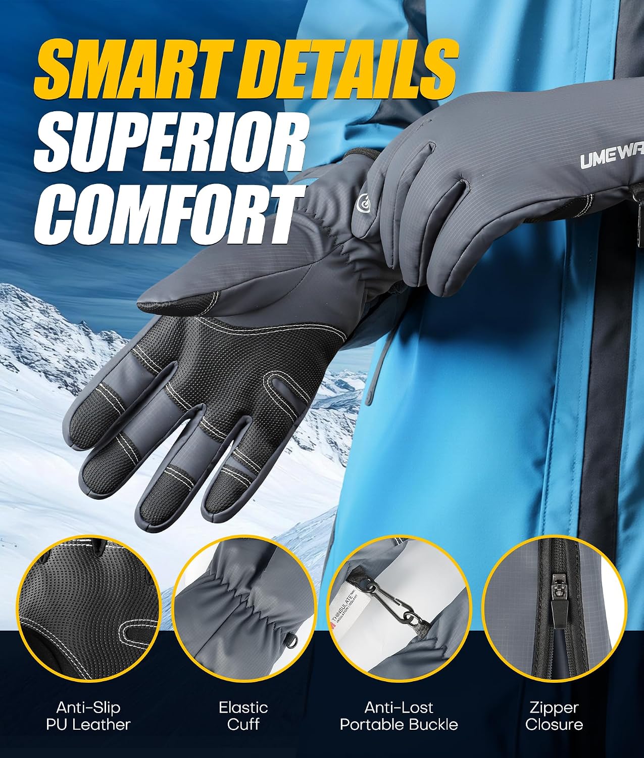 Winter Gloves Men Women Made with 3M Insulation, -20°F GEANI-TEX Waterproof Ski Gloves for Cold Weather, 5-Layer