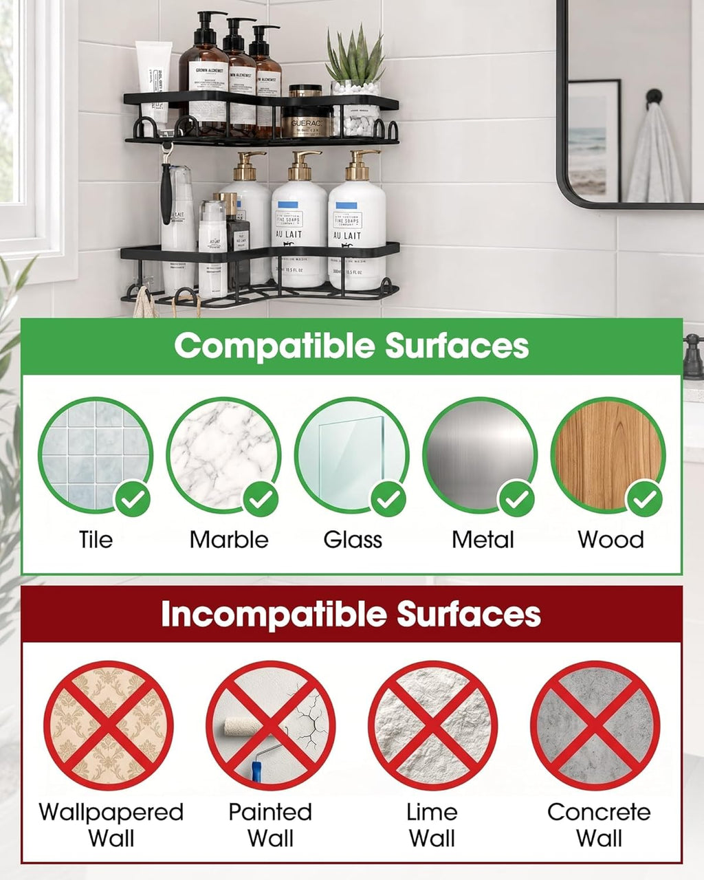 Corner Shower Caddy - 2 Pack, Adhesive Shower Organizers, Rustproof Stainless Steel Shower Shelves with 8 Hooks, No