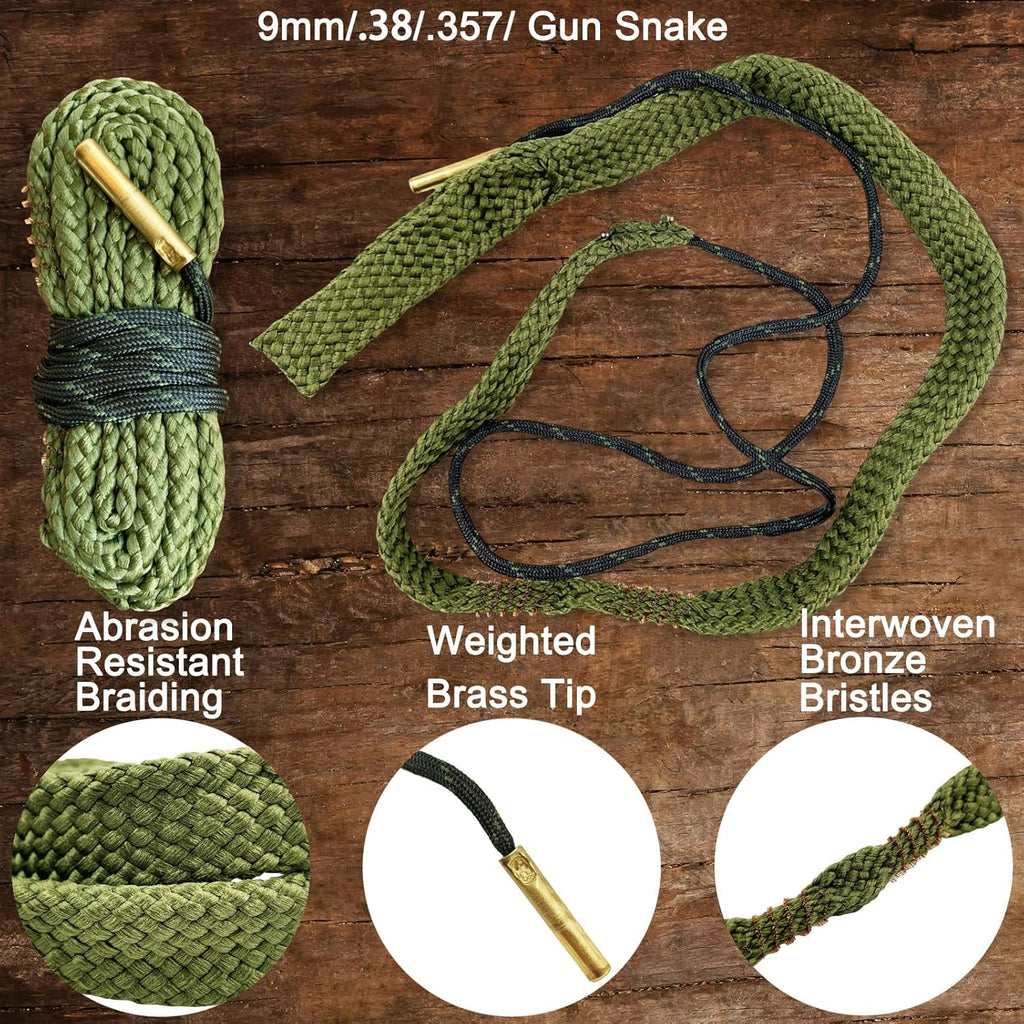 9mm Pistol Cleaning Kit, Handgun Cleaning kit for .357 .38 with 9mm Gun Snakes in a Rigid Zippered Container