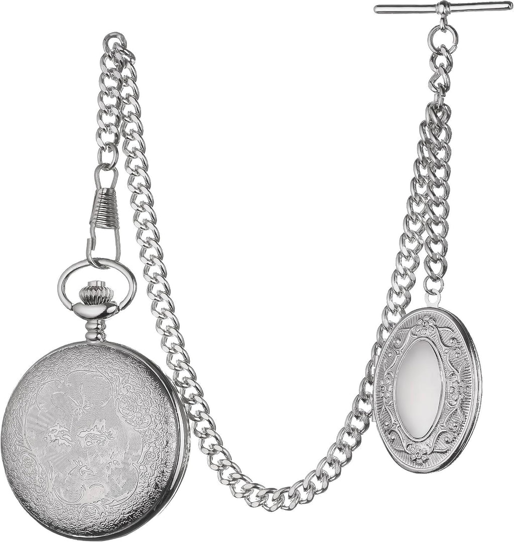 Vintage-Style Pocket Watch Chain with Ornate Medal and Pocket Watch – 12 Inch T-Bar Chain for Waistcoats, Costumes &