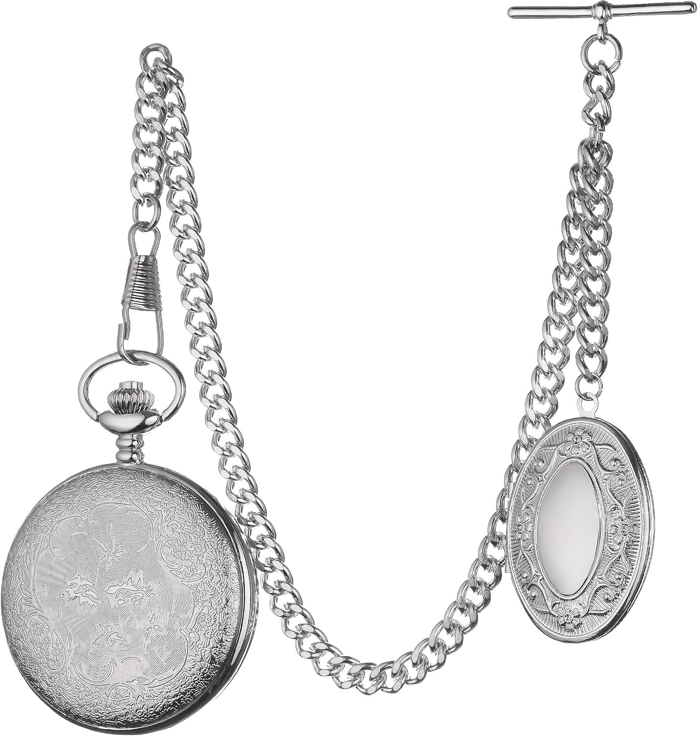 Vintage-Style Pocket Watch Chain with Ornate Medal and Pocket Watch – 12 Inch T-Bar Chain for Waistcoats, Costumes &