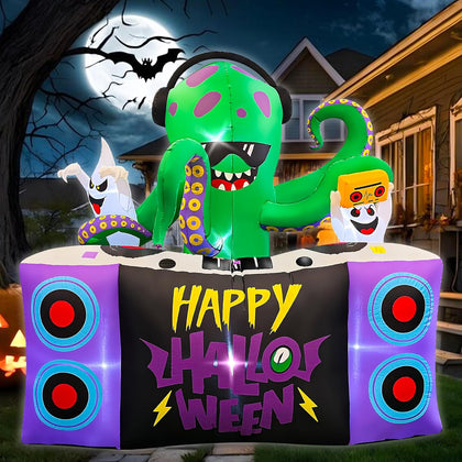 Halloween Inflatables,6FT DJ Octopus Playing Music on Turntables with Ghost Decoration Built-in LEDs Blow Up Yard