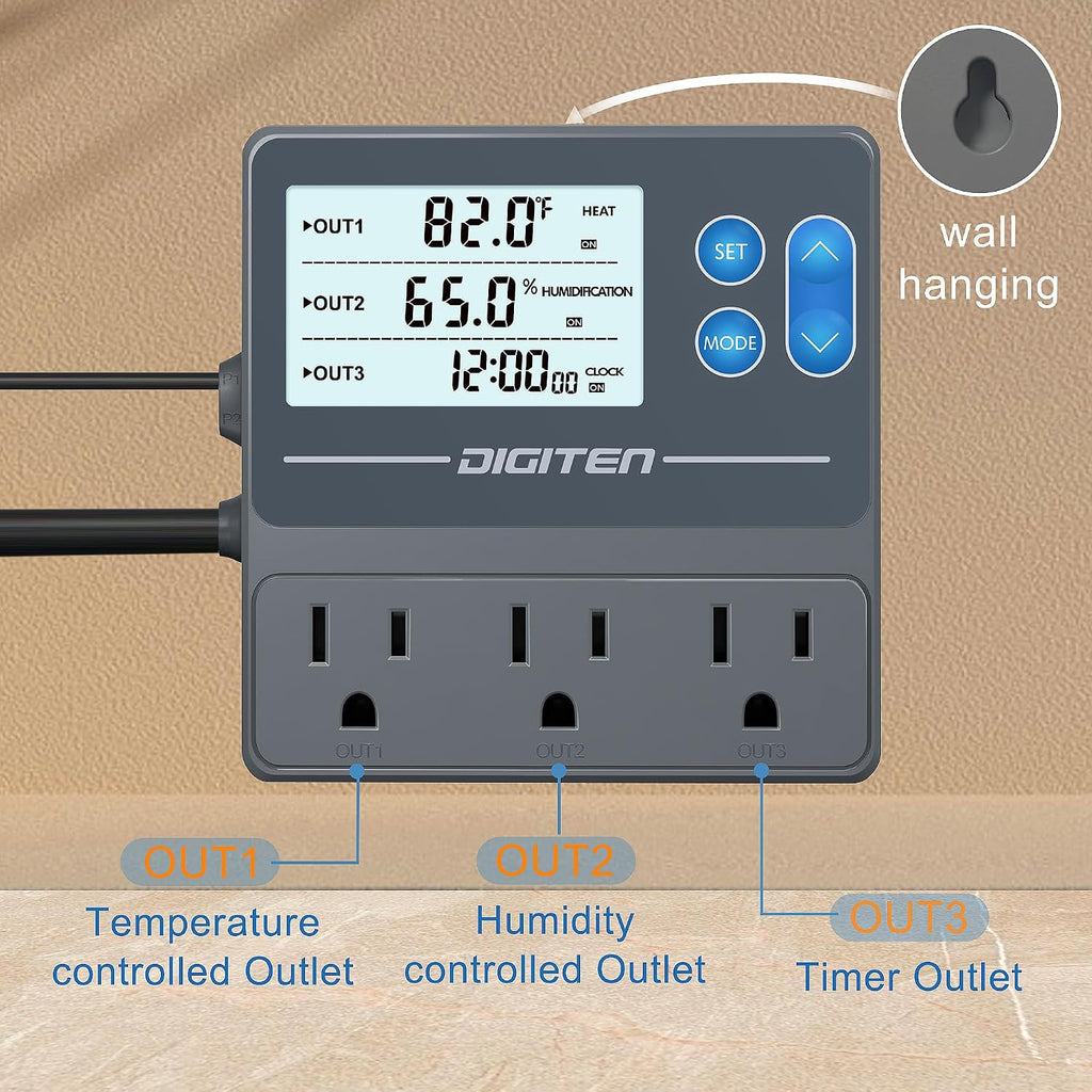 Reptile Temp & Humidity Controller with Timer Outlet | Temperature Control, Humidity Control, Timer, 3-Stage Outlet