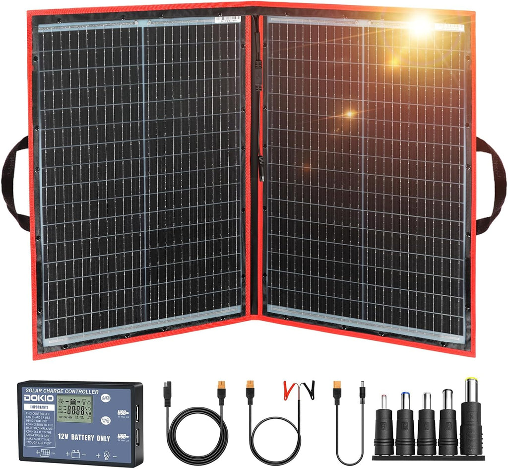 100W Portable Foldable Solar Panel Kit for 12V Battery Charging | Folds to 19 x 26 in and weighs 5.3 lb; includes
