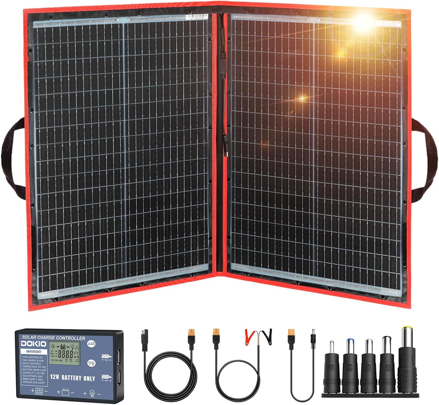 100W Portable Foldable Solar Panel Kit for 12V Battery Charging | Folds to 19 x 26 in and weighs 5.3 lb; includes