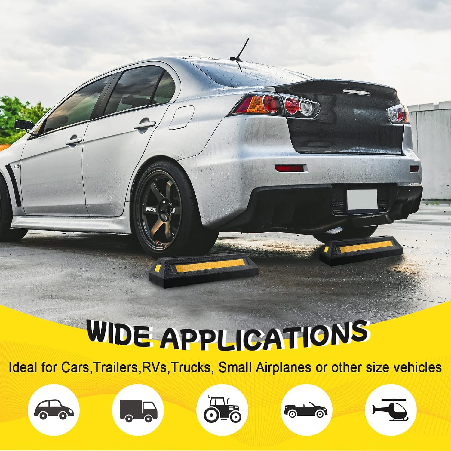 Car Stoppers for Garage, 2 Pack Heavy Duty Rubber Parking Stopper with Expansion Bolts, Reflective Garage Wheel Stop