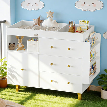 Wooden Baby Changing Table Dresser,Diaper Changing Table with Large Tabletop,4 Drawers, Open Storage Space & Side