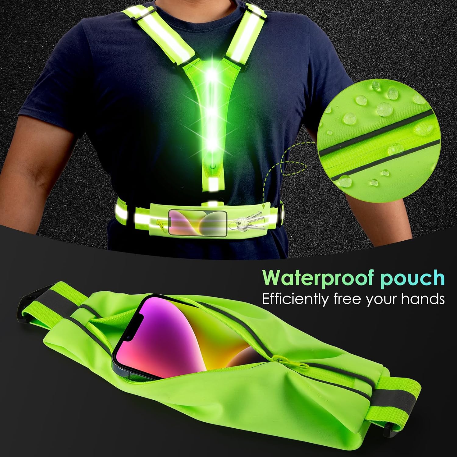 LED Reflective Running Vest with Phone Pouch, Light Gear for Night Cycling | Reflective Running Vest; Running Lights