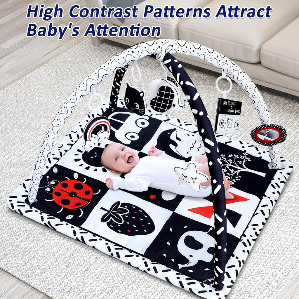 Black and White Baby Gym Play Mat with 6 Toys Tummy Time Activity Mat for Babies 0-6 6-12 Months High Contrast Baby
