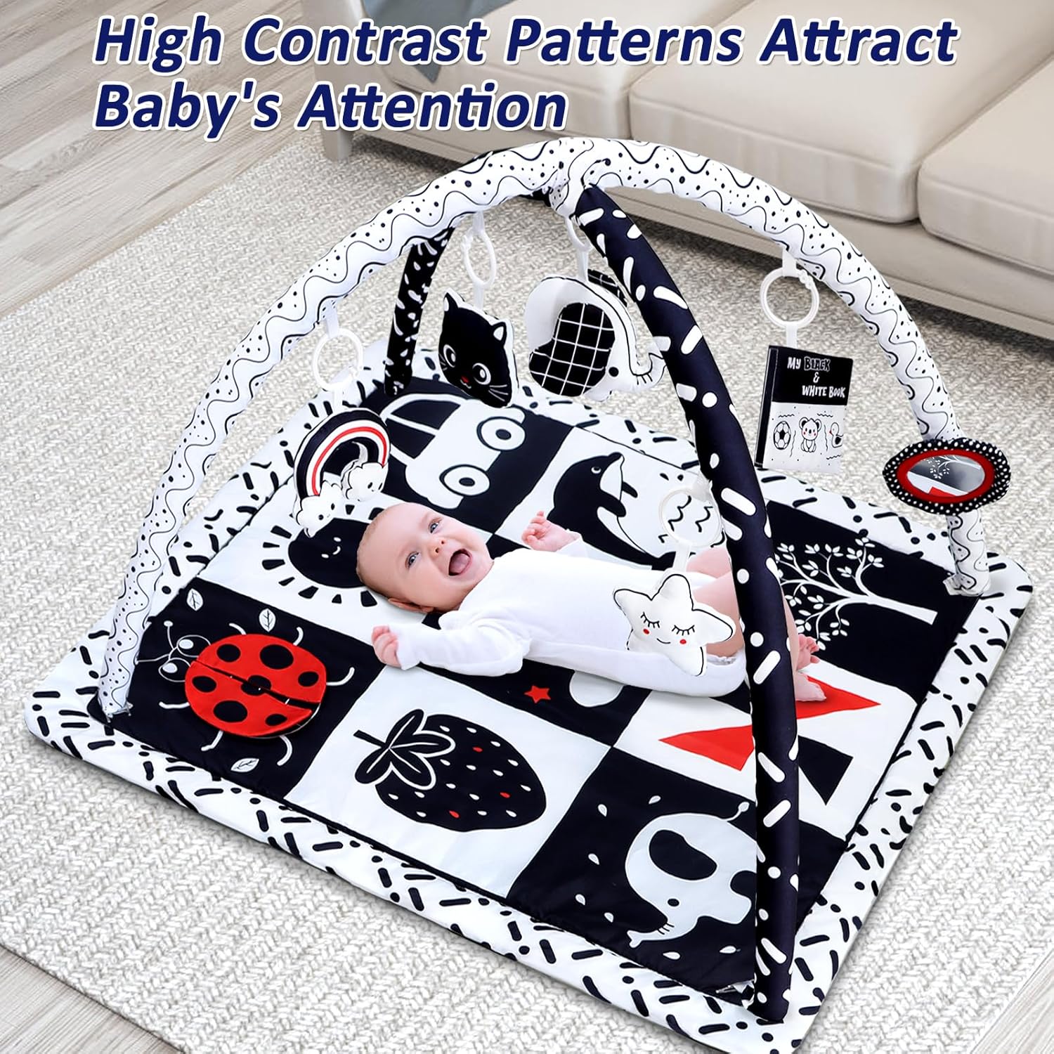 Black and White Baby Gym Play Mat with 6 Toys Tummy Time Activity Mat for Babies 0-6 6-12 Months High Contrast Baby