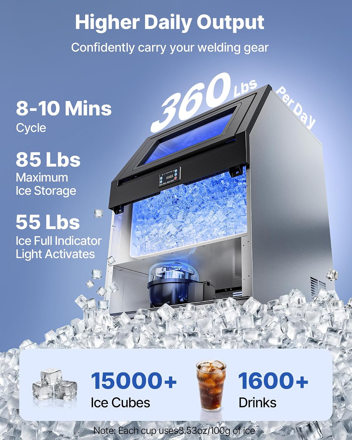 Commercial Ice Maker Machine, 360 lbs/24h with 55-85 lbs Storage Capacity, Built-in/Freestanding/Under Counter