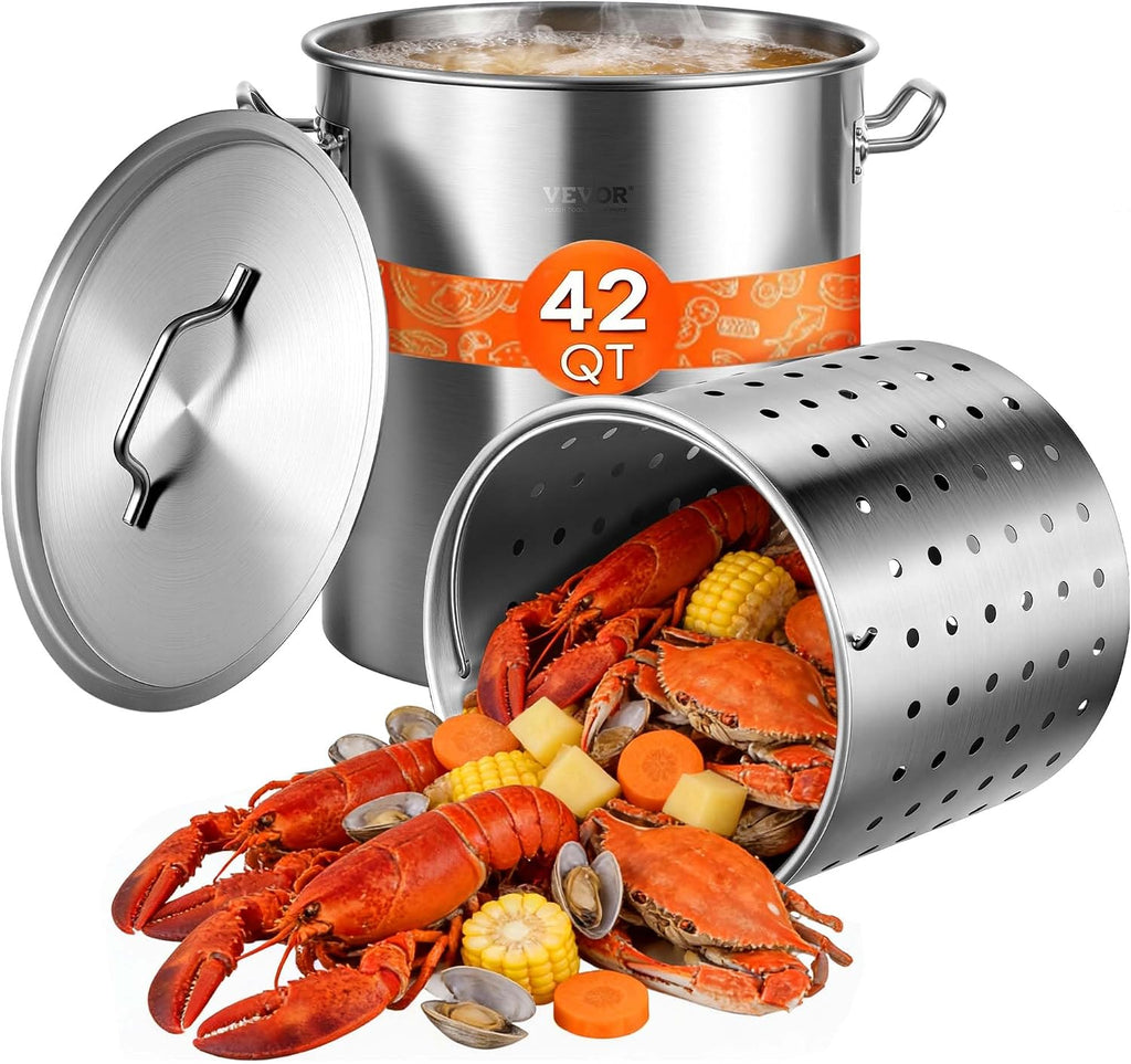 Stainless Steel Stockpot, 42 Quart Large Cooking Pots, Cookware Sauce Pot with Strainer, Lid, and Handle, Heavy Duty