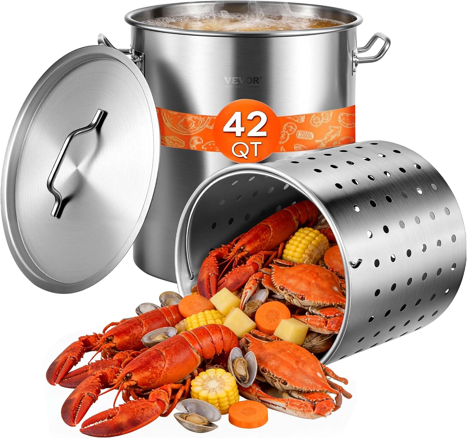 Stainless Steel Stockpot, 42 Quart Large Cooking Pots, Cookware Sauce Pot with Strainer, Lid, and Handle, Heavy Duty