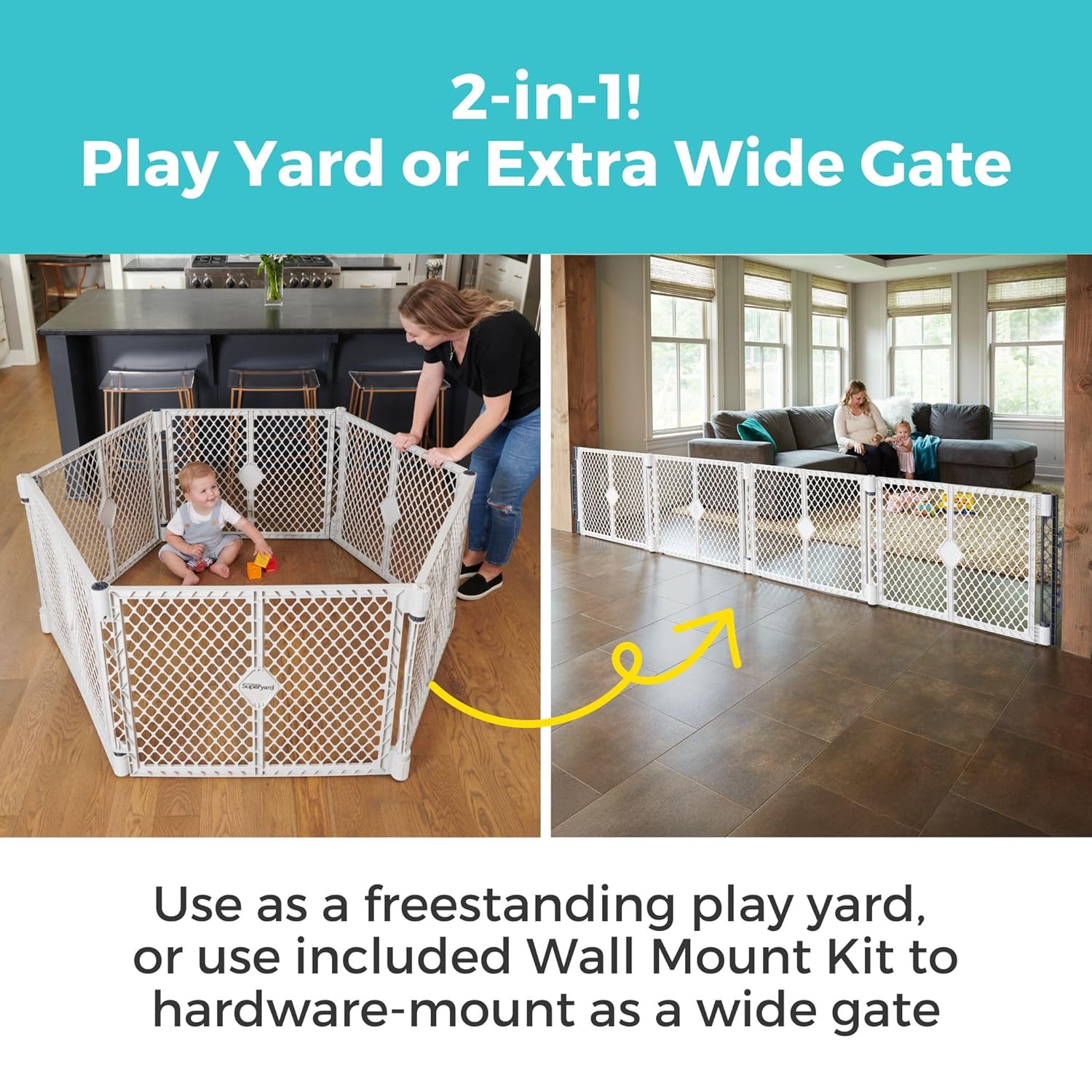 Superyard Duo Extra Wide Baby Gate & Play Yard: 6 Panel Baby Playpen - Included Wall Mount Kit - Made in USA - 38.5