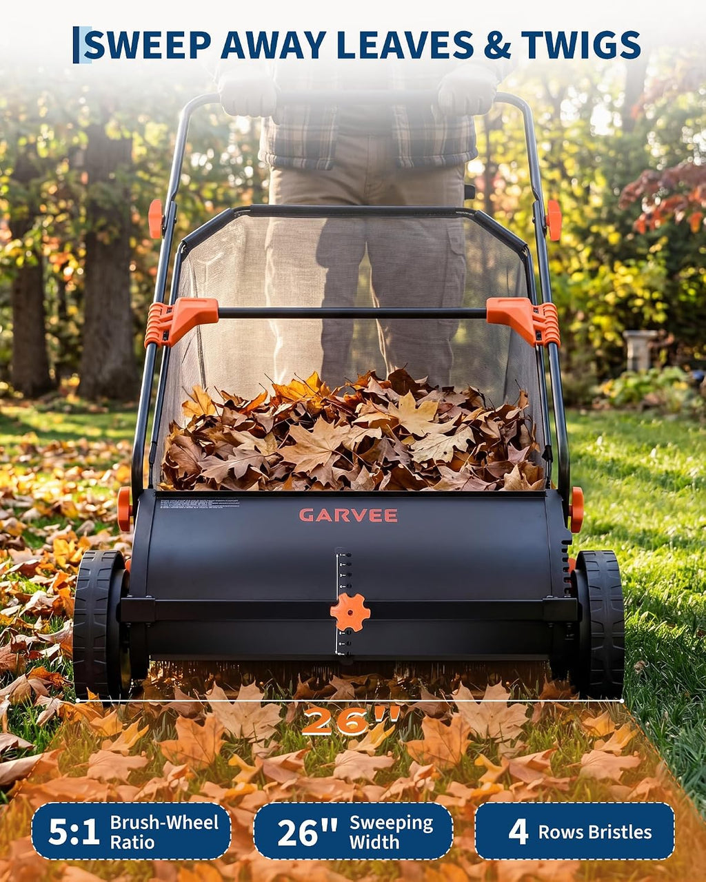 26 Inch Push Lawn Sweeper with Large 7 cu ft Collection Bag, Heavy Duty