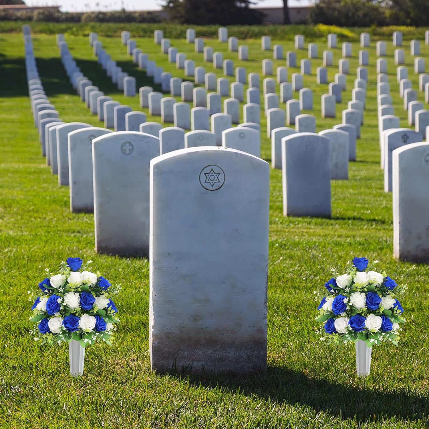 2Pcs Artificial Cemetery Flowers with Vase for Grave