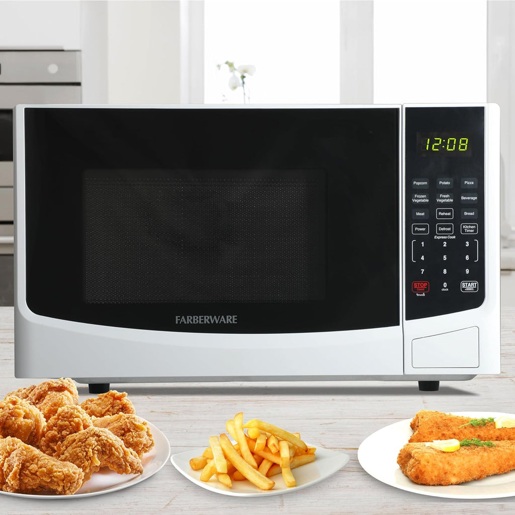 0.9 Cu. Ft. Countertop Microwave Oven – 900W Power, Auto Cook Settings, Defrost, and Safety Lock – White