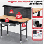 60" Heavy Duty Workbench with Wheels, Adjustable Height Garage Work Bench with Solid Rubberwood Top, Drawer, Pegboard