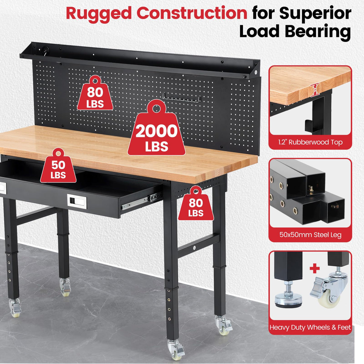60" Heavy Duty Workbench with Wheels, Adjustable Height Garage Work Bench with Solid Rubberwood Top, Drawer, Pegboard