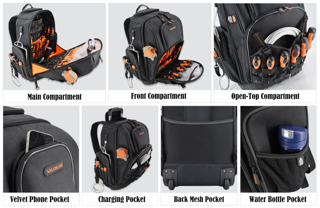 72Pockets Rolling Tool backpack, Tool Bag Backpack With Wheels