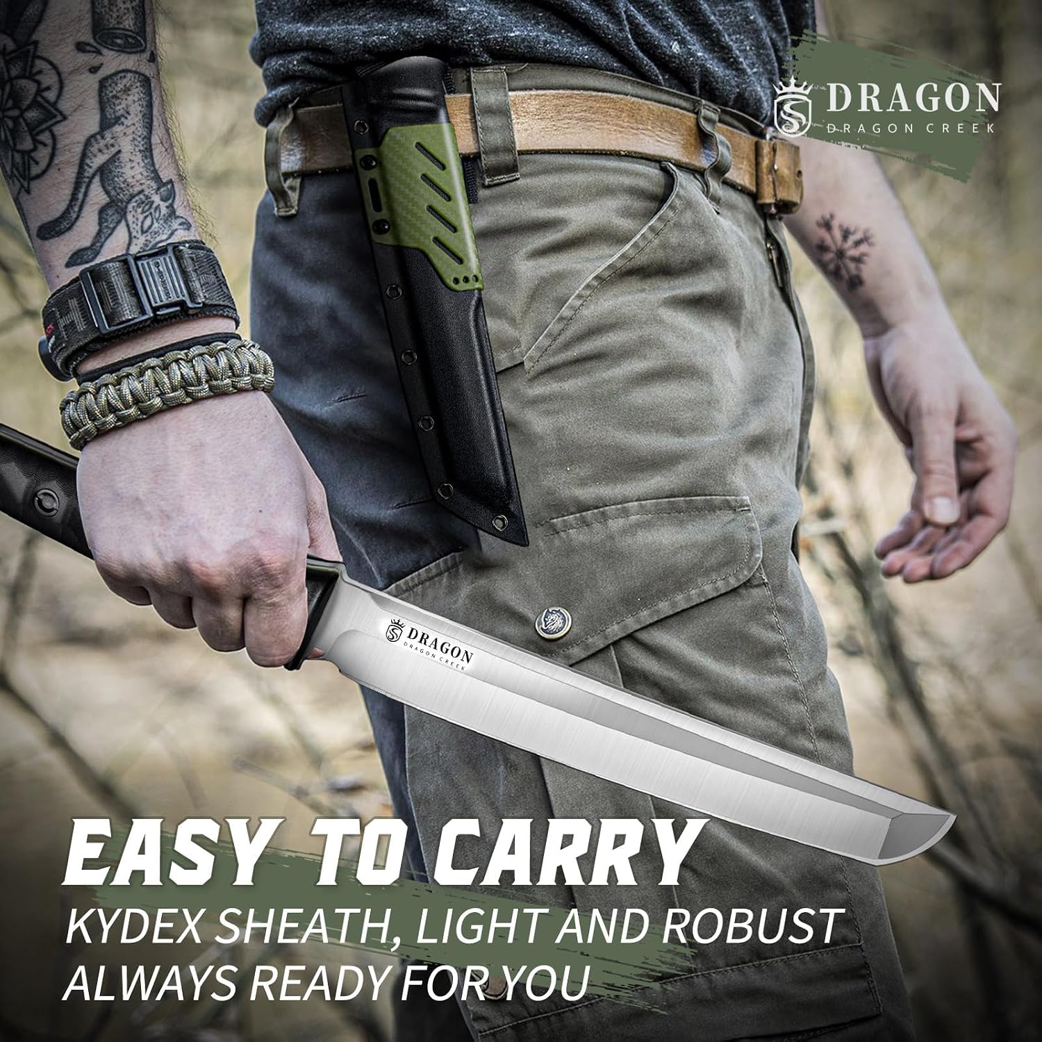 Tactical Knife Kydex - Outdoor Fixed Blade with Green Sheath | Full Tang Survival Knife Camping Hiking Gift Men