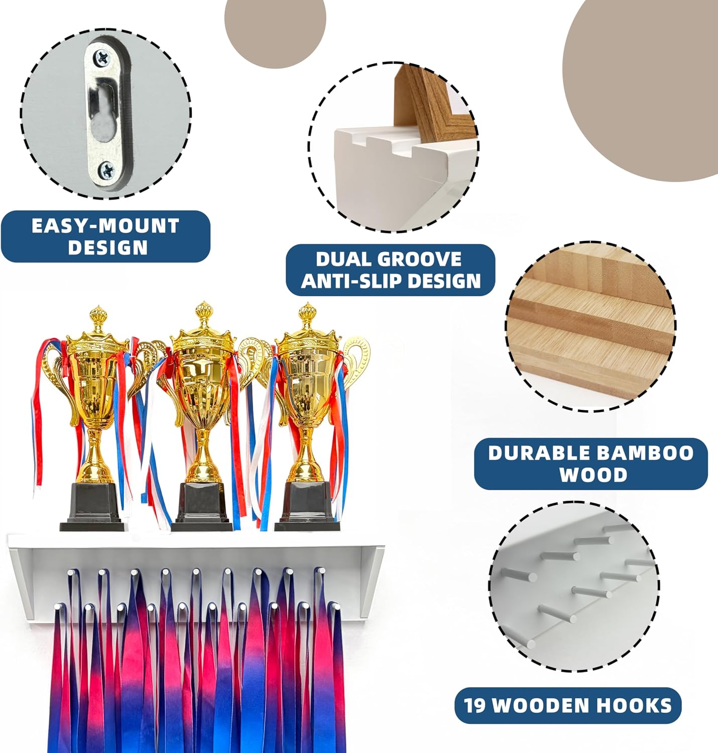 Medal Hanger Display and Trophy Shelf with Hooks - Wooden Medal Holder for Wall Mount Ribbon Display, Trophy Display